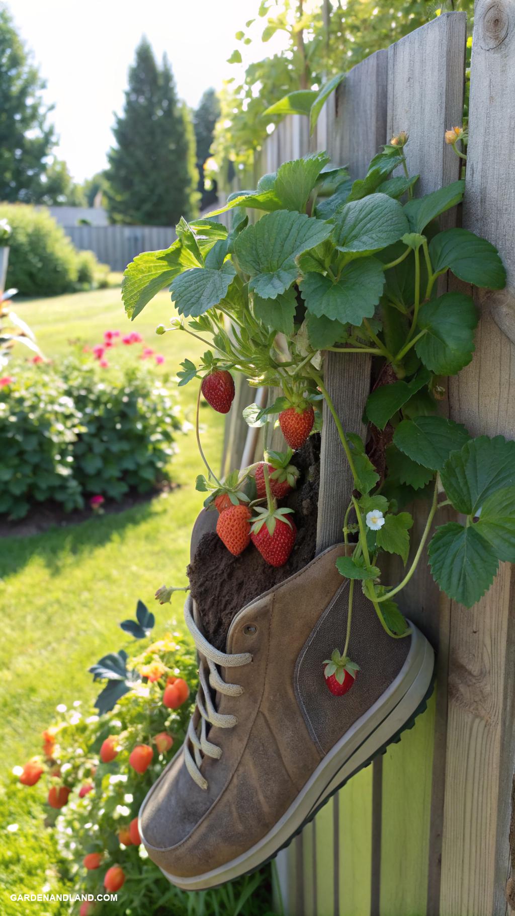 strawberry planter ideas Hanging strawberries in repurposed shoe pockets