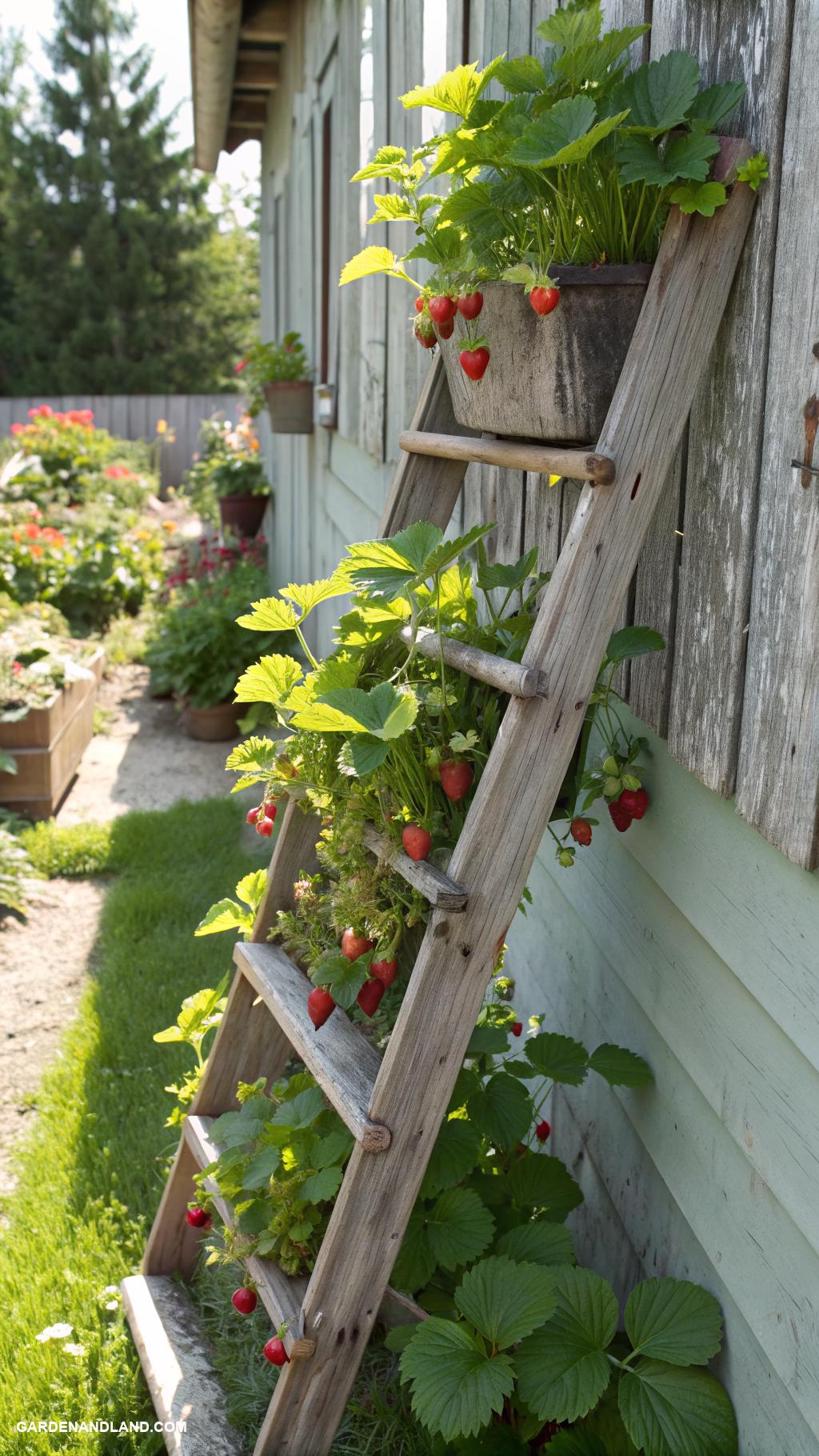 strawberry planter ideas Strawberry ladders using old wooden rungs