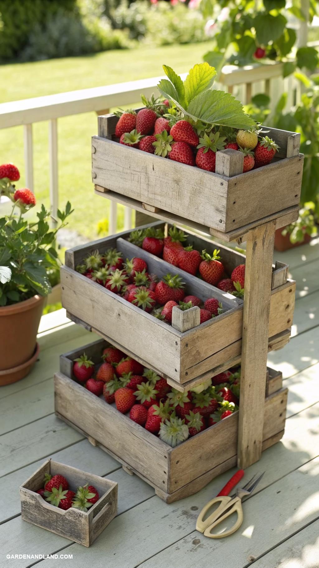 strawberry planter ideas Wooden crate tiered strawberry garden display
