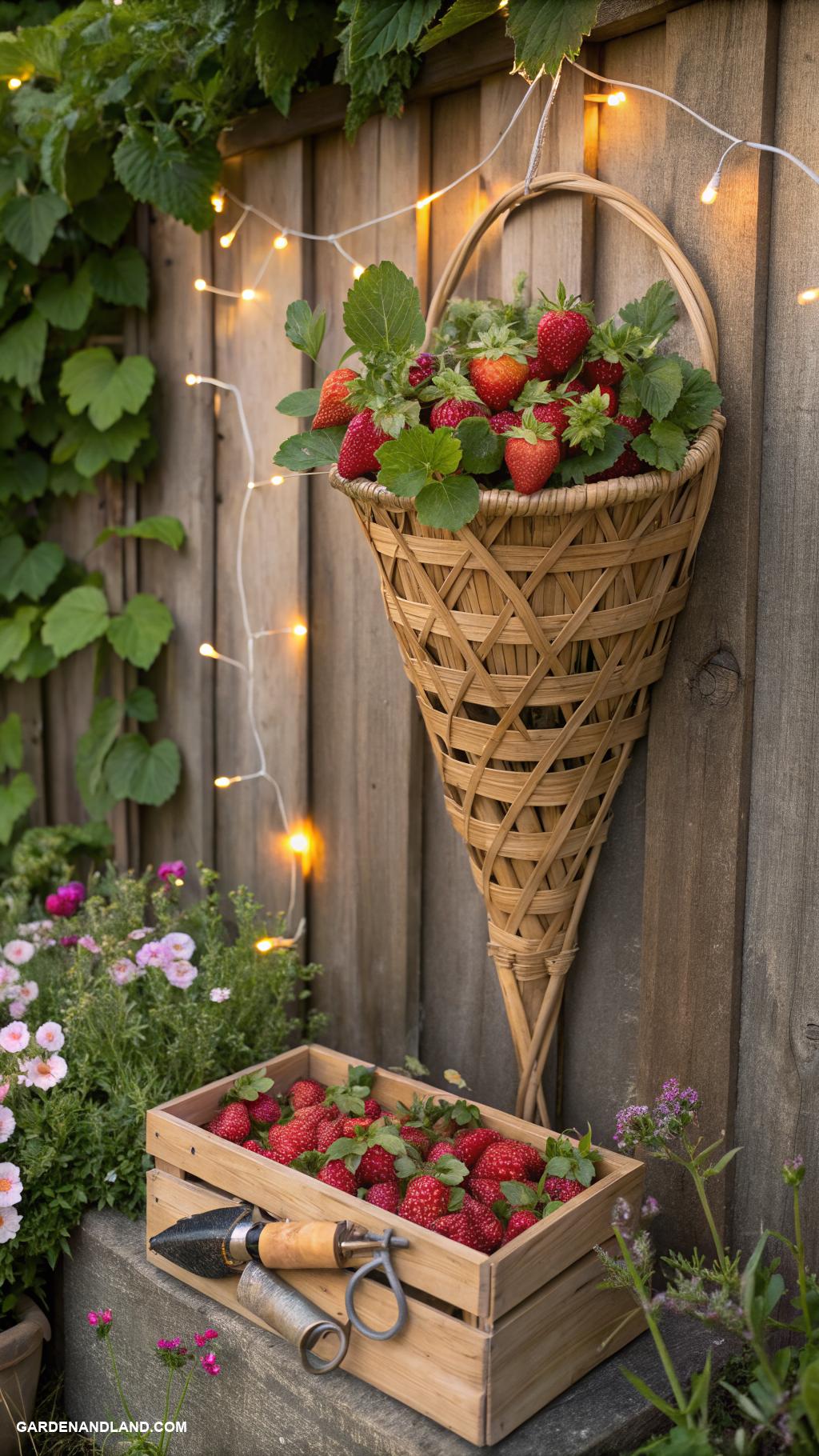 strawberry planter ideas Woven basket wall for strawberries and decor