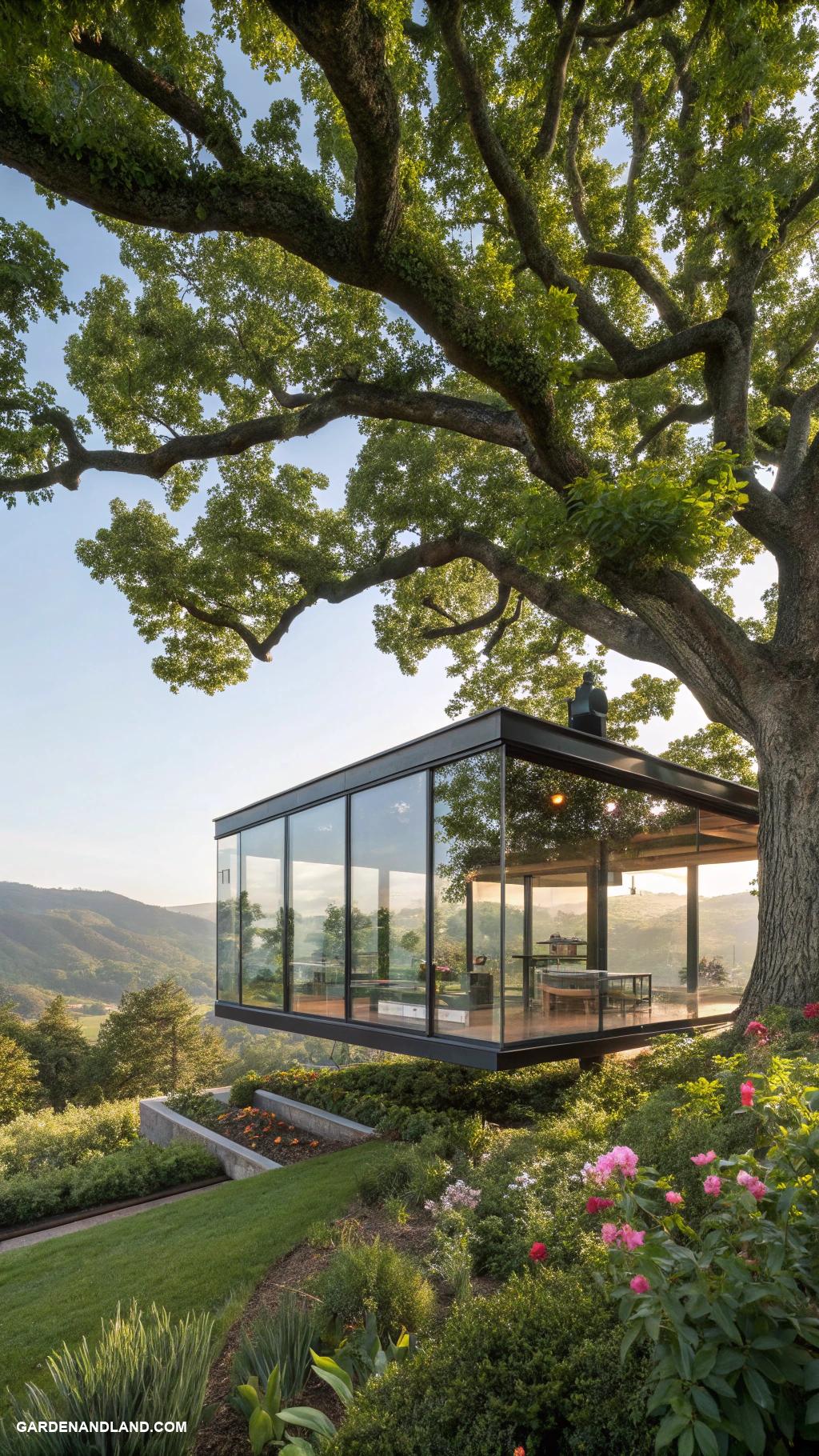 tree house ideas Modern glass house suspended in branches