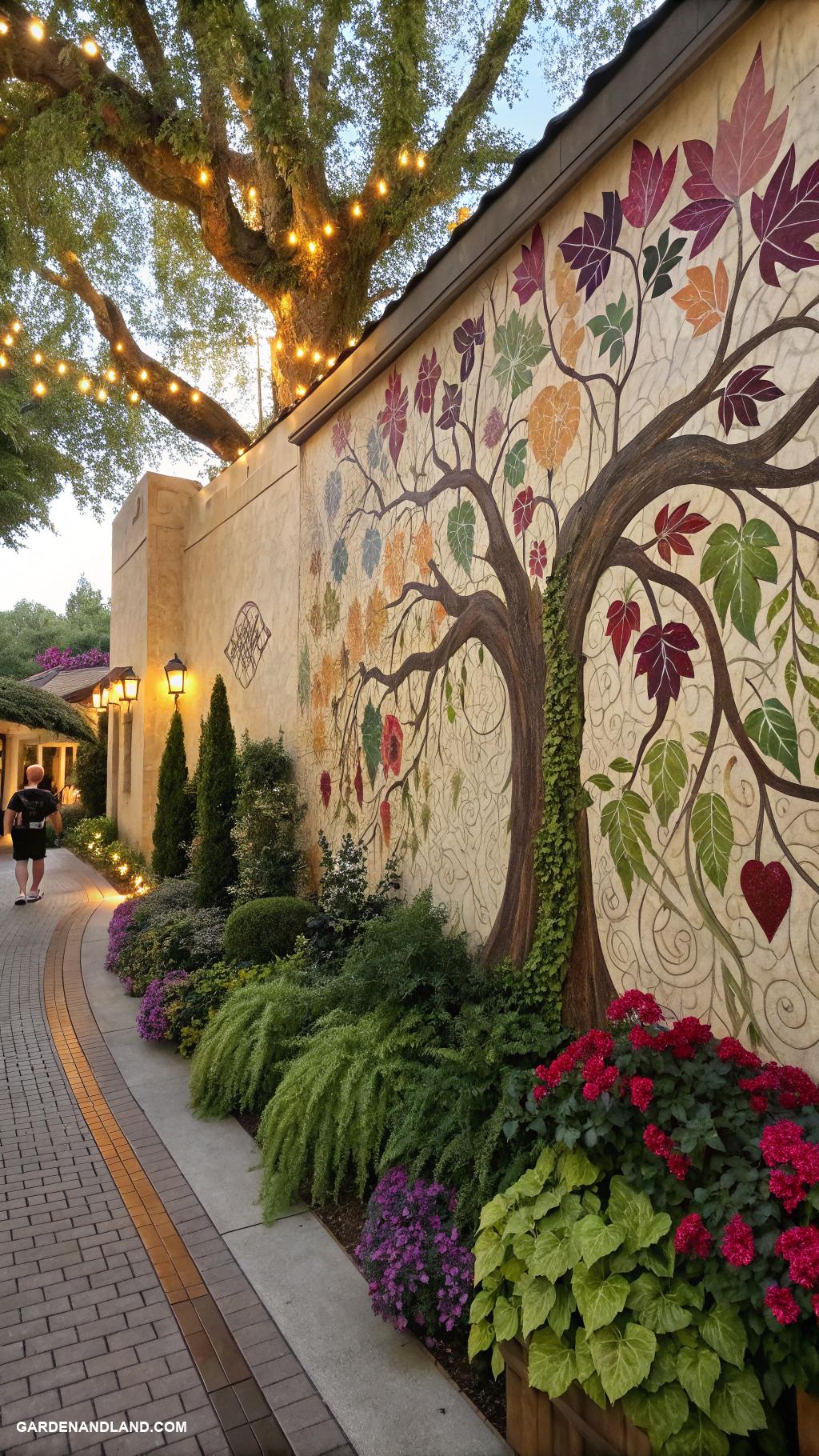 around the tree landscaping Craft a tree mural on a garden wall