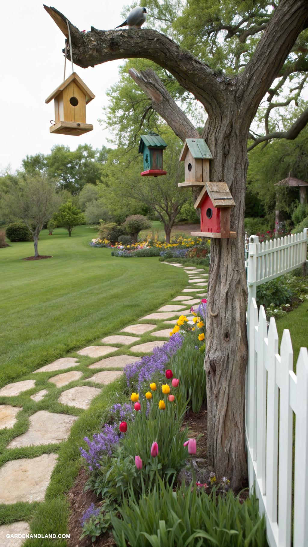 around the tree landscaping Hang bird feeders for lively wildlife watching