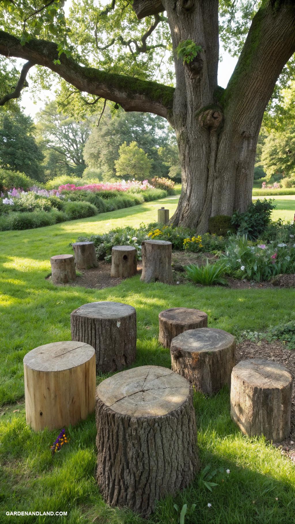 around the tree landscaping Incorporate tree stumps as rustic seating