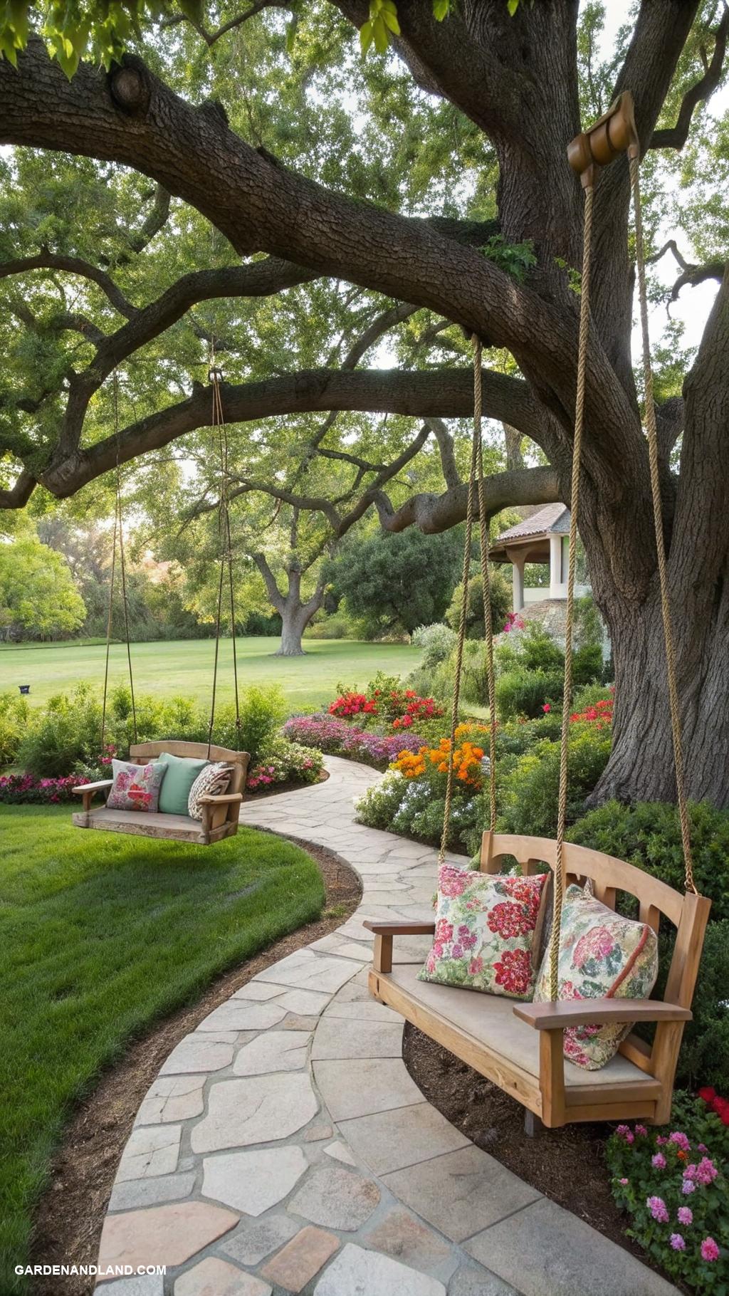 around the tree landscaping Install tree swings for playful relaxation