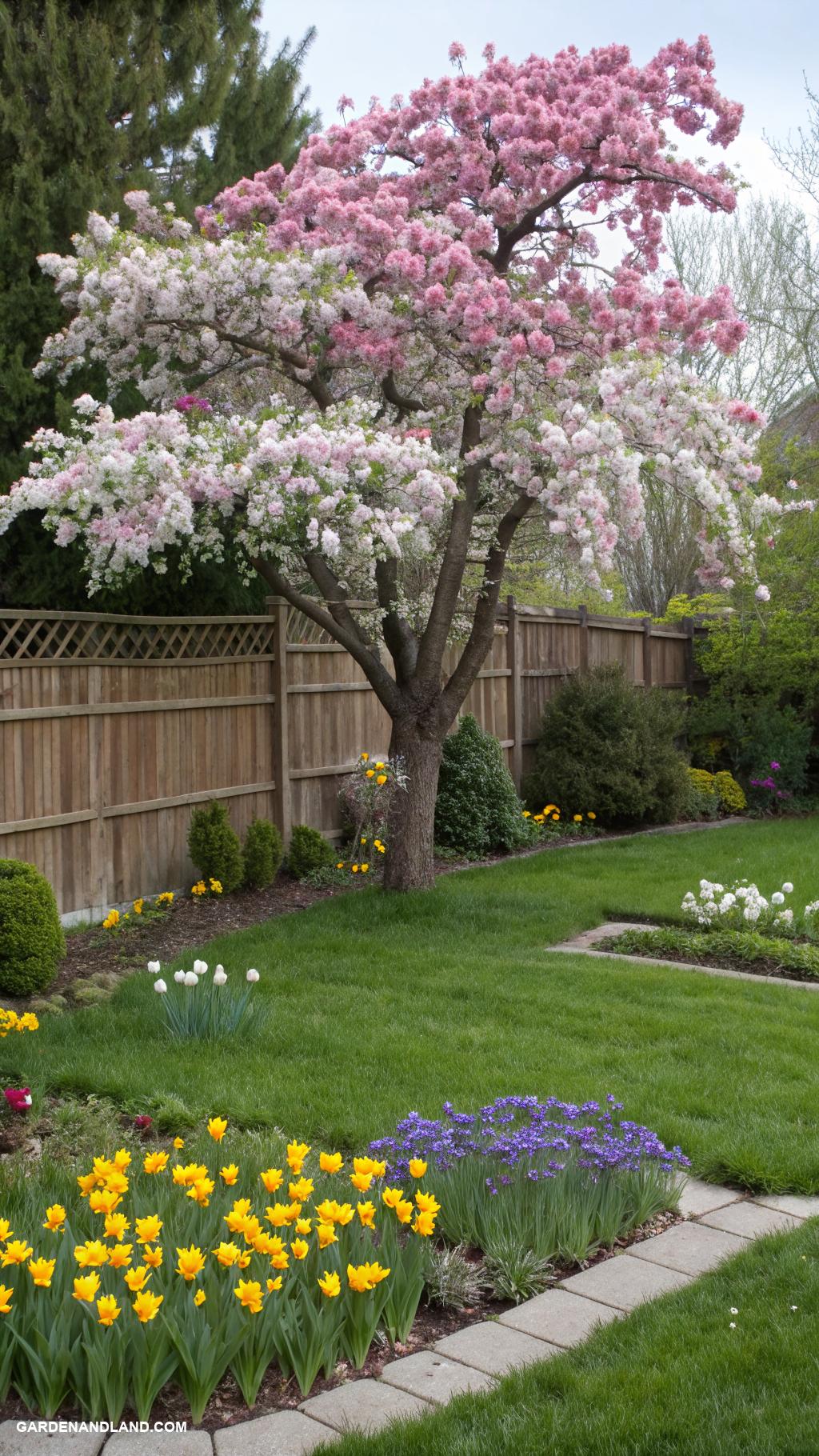 around the tree landscaping Plant flowering trees for vibrant seasonal color