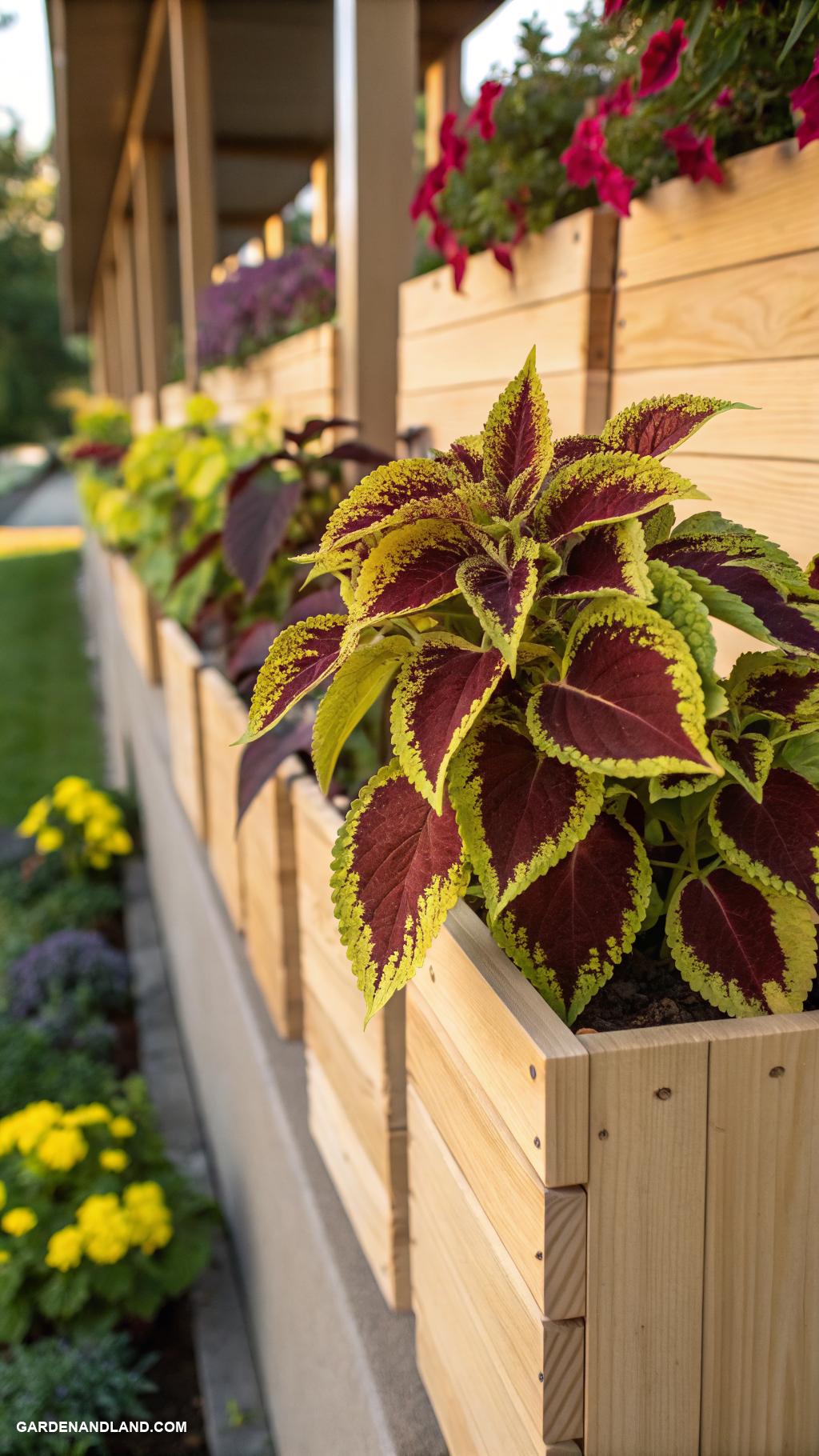 coleus planter ideas Coleus framed in wall mounted boxes