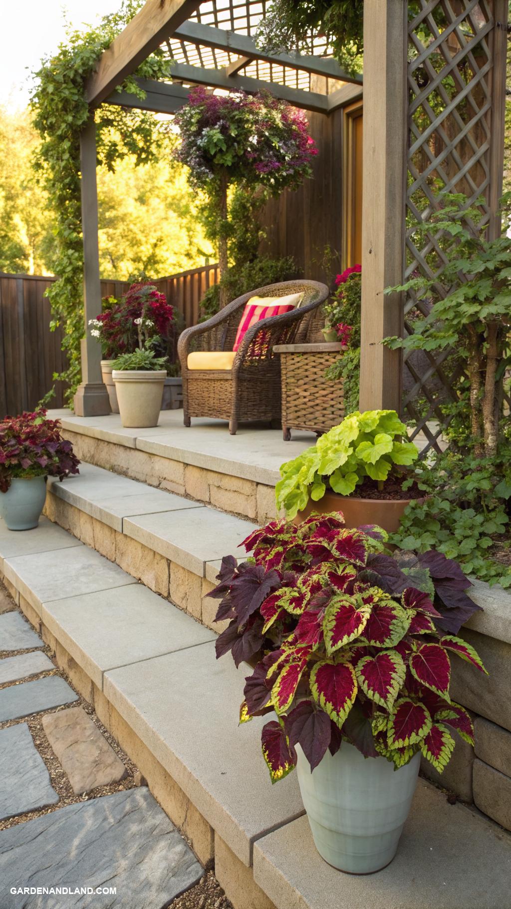 coleus planter ideas Patio steps lined with coleus pots