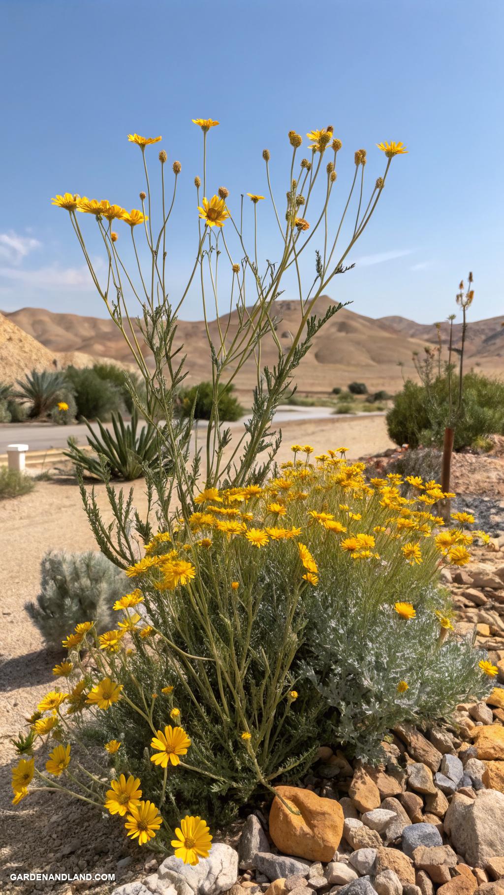 drought tolerant shrubs for full sun Desert marigold bursts with golden flowers