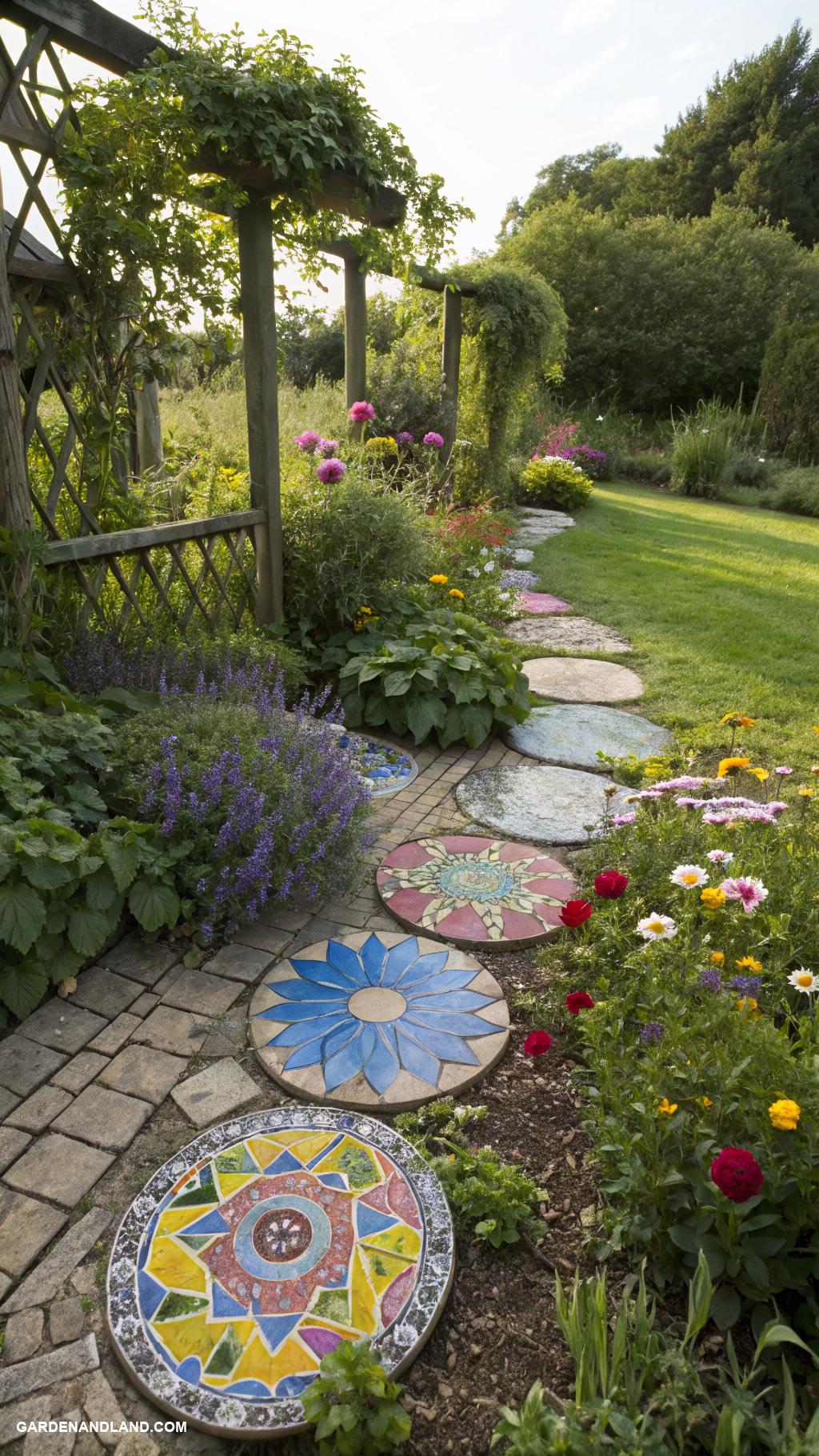 english garden ideas Colorful mosaic stepping stones throughout pathways
