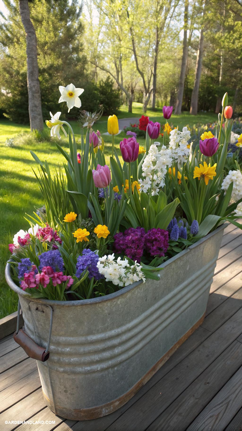 galvanized tub planter ideas Colorful wildflower display with mixed bulbs