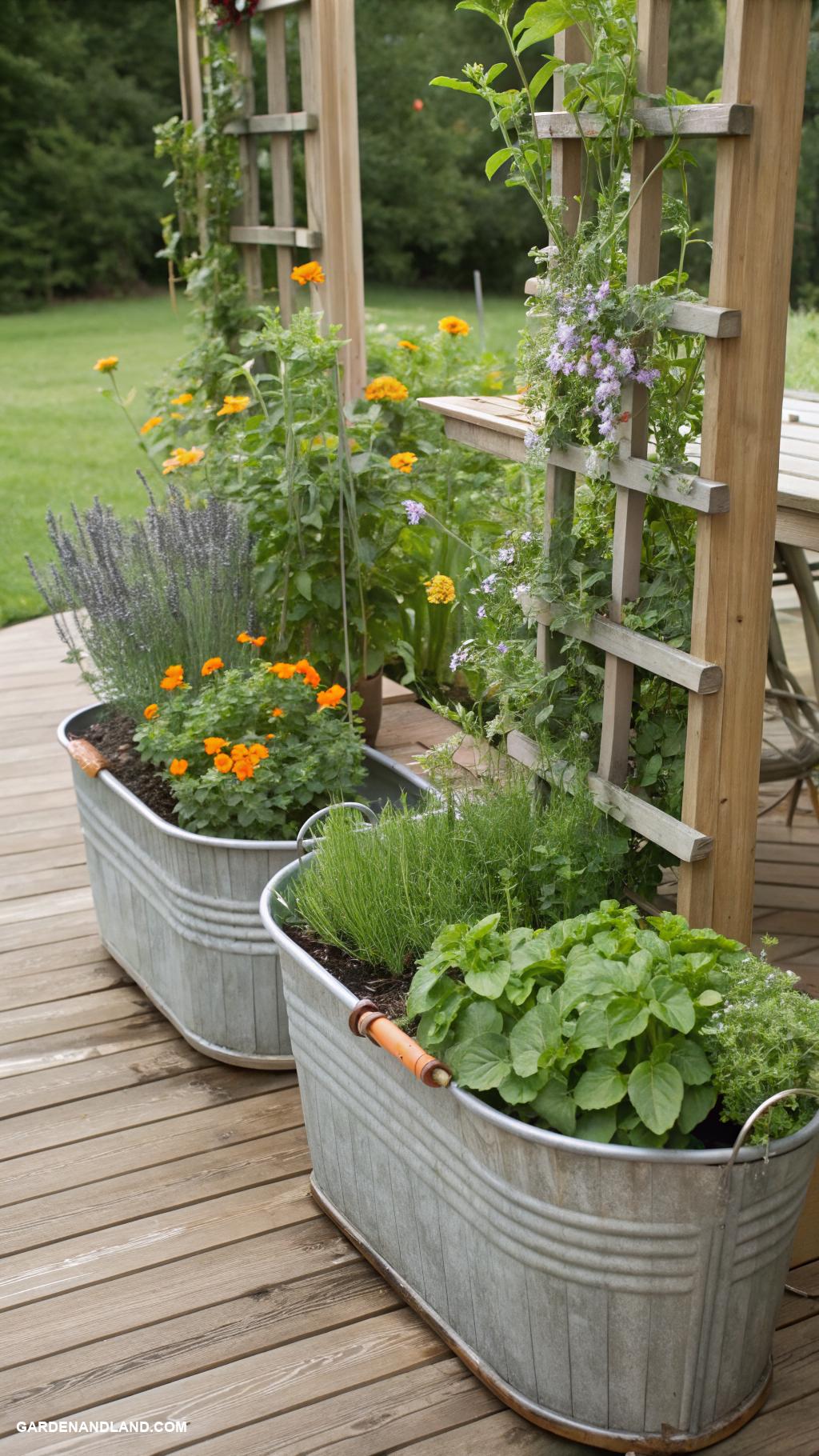 galvanized tub planter ideas Herb garden with attached wooden trellis