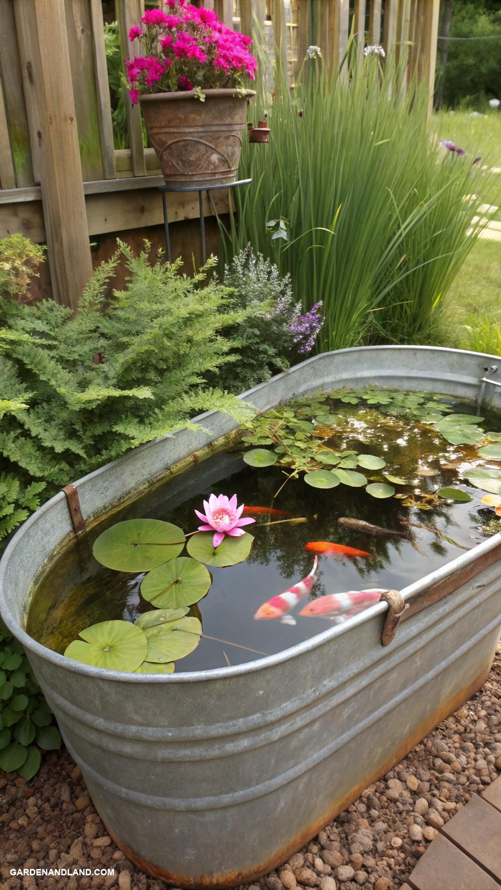 galvanized tub planter ideas Mini pond with water lilies and fish