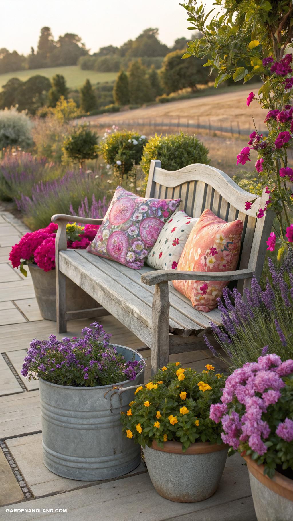 galvanized tub planter ideas Patio seating surrounded by blooming flowers