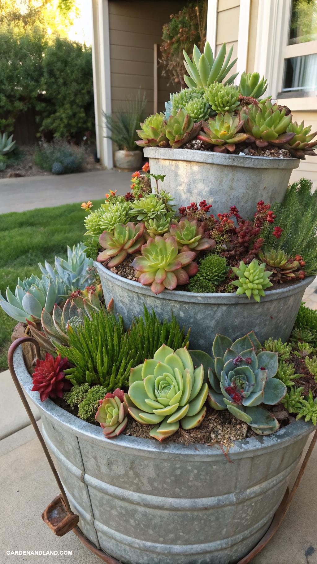 galvanized tub planter ideas Tiered succulent arrangement for vertical interest