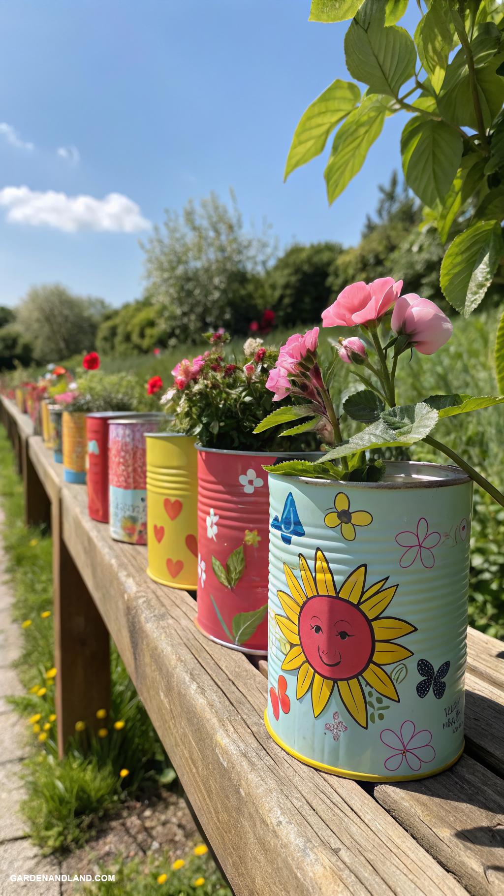 garden crafts Colorful tin can flower pots