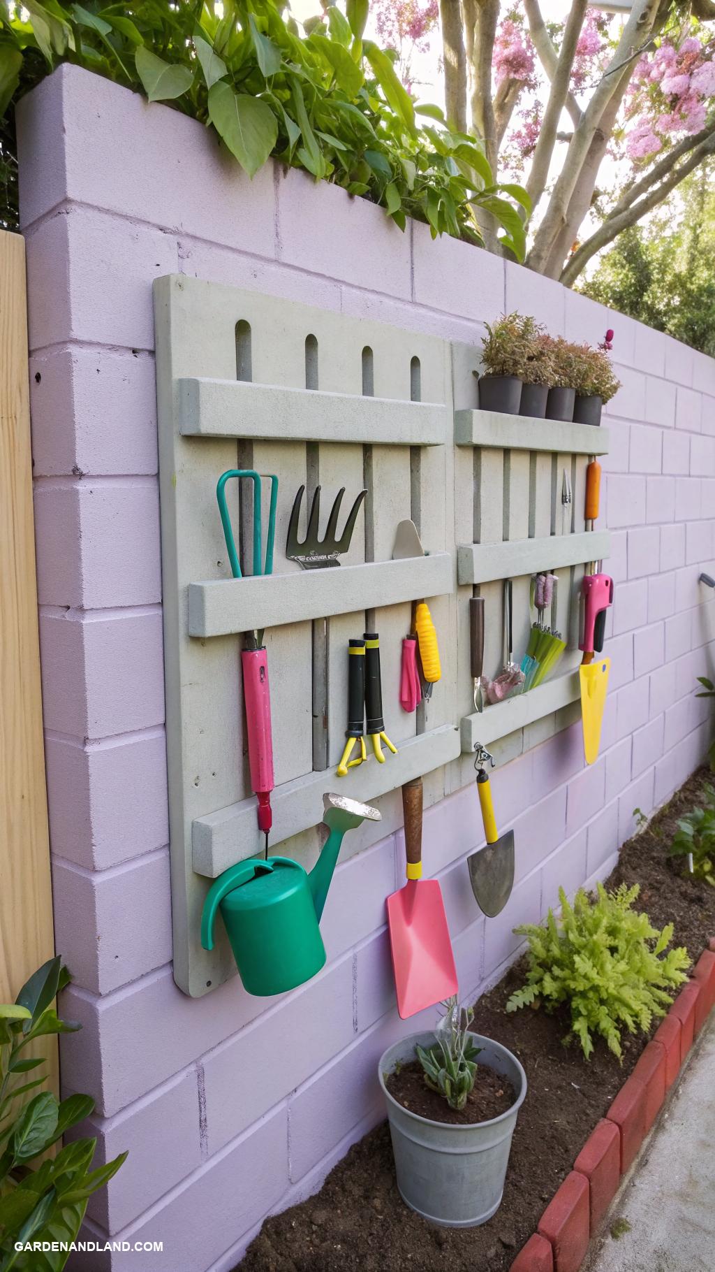 garden tools storage ideas Cinder block tool storage wall
