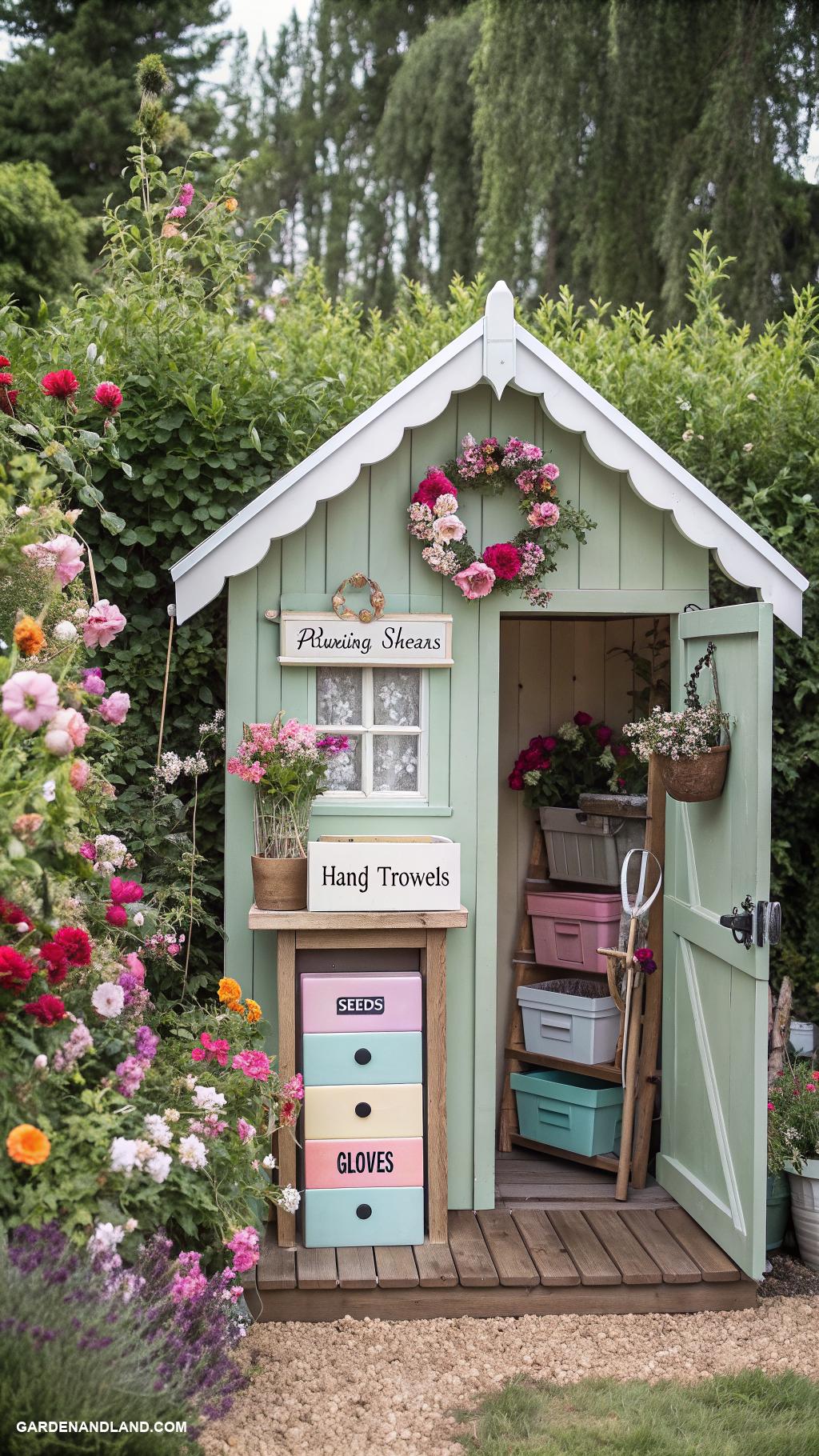 garden tools storage ideas Garden shed with labeled storage boxes