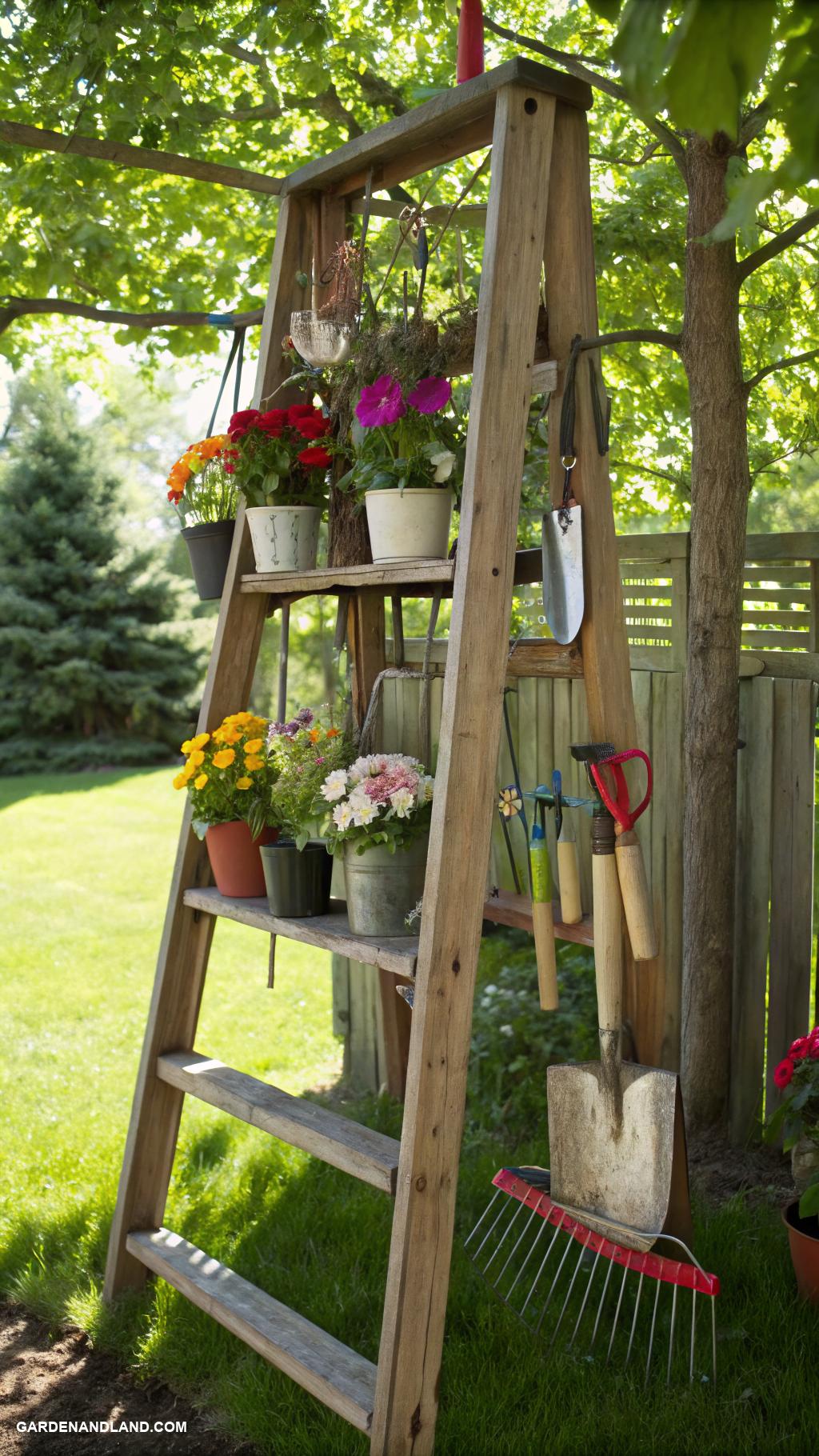 garden tools storage ideas Repurposed ladder as a tool rack