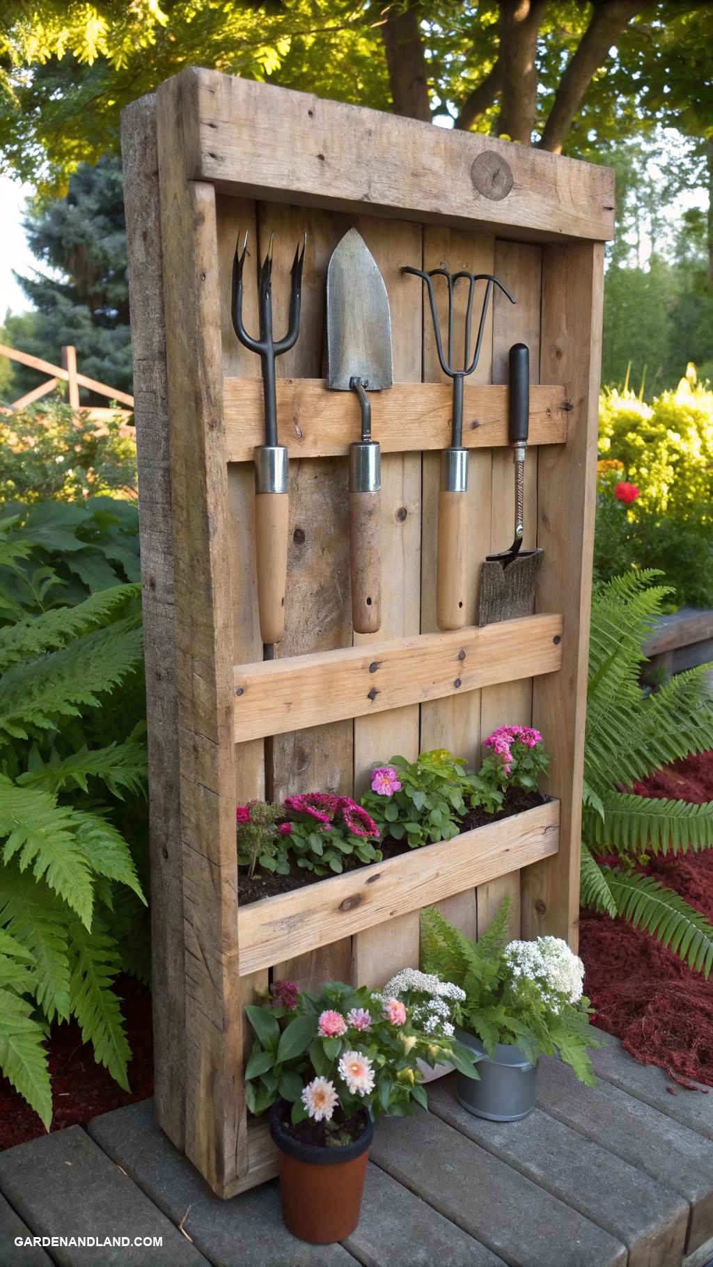 garden tools storage ideas Vertical wooden pallet garden tool holder