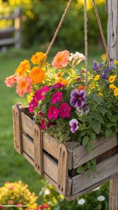 hanging basket ideas Colorful annuals in a wooden crate basket
