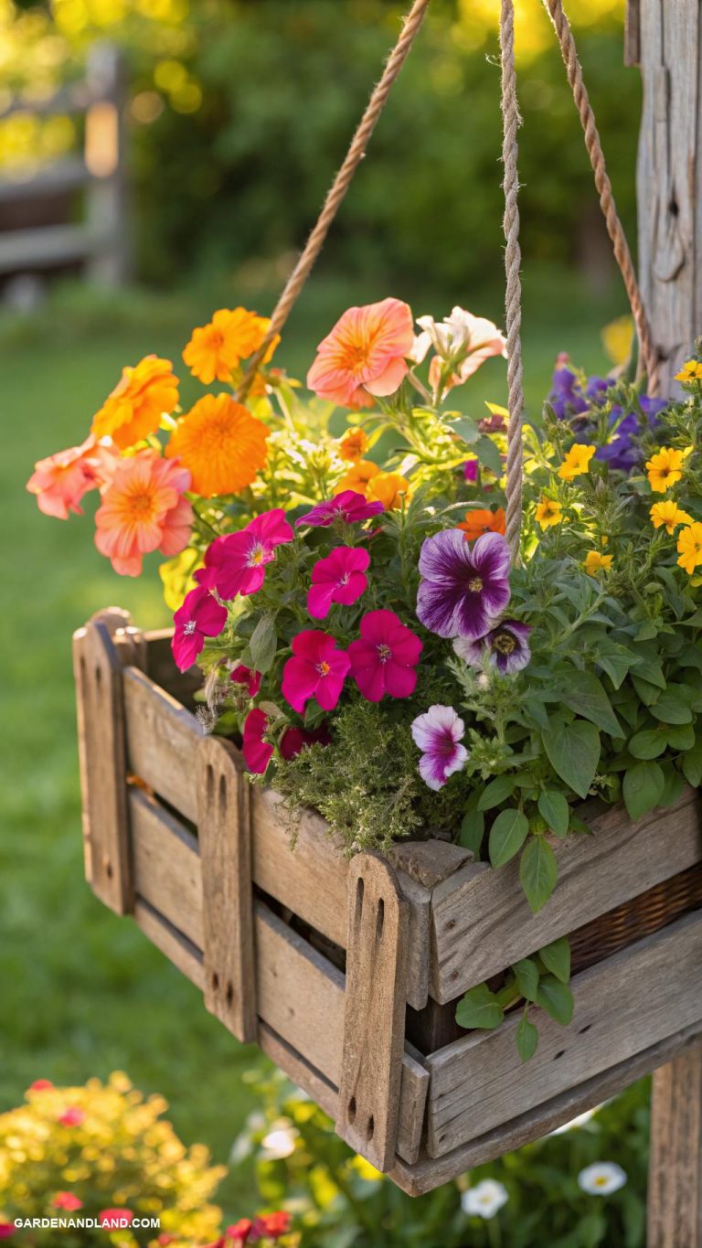 hanging basket ideas Colorful annuals in a wooden crate basket