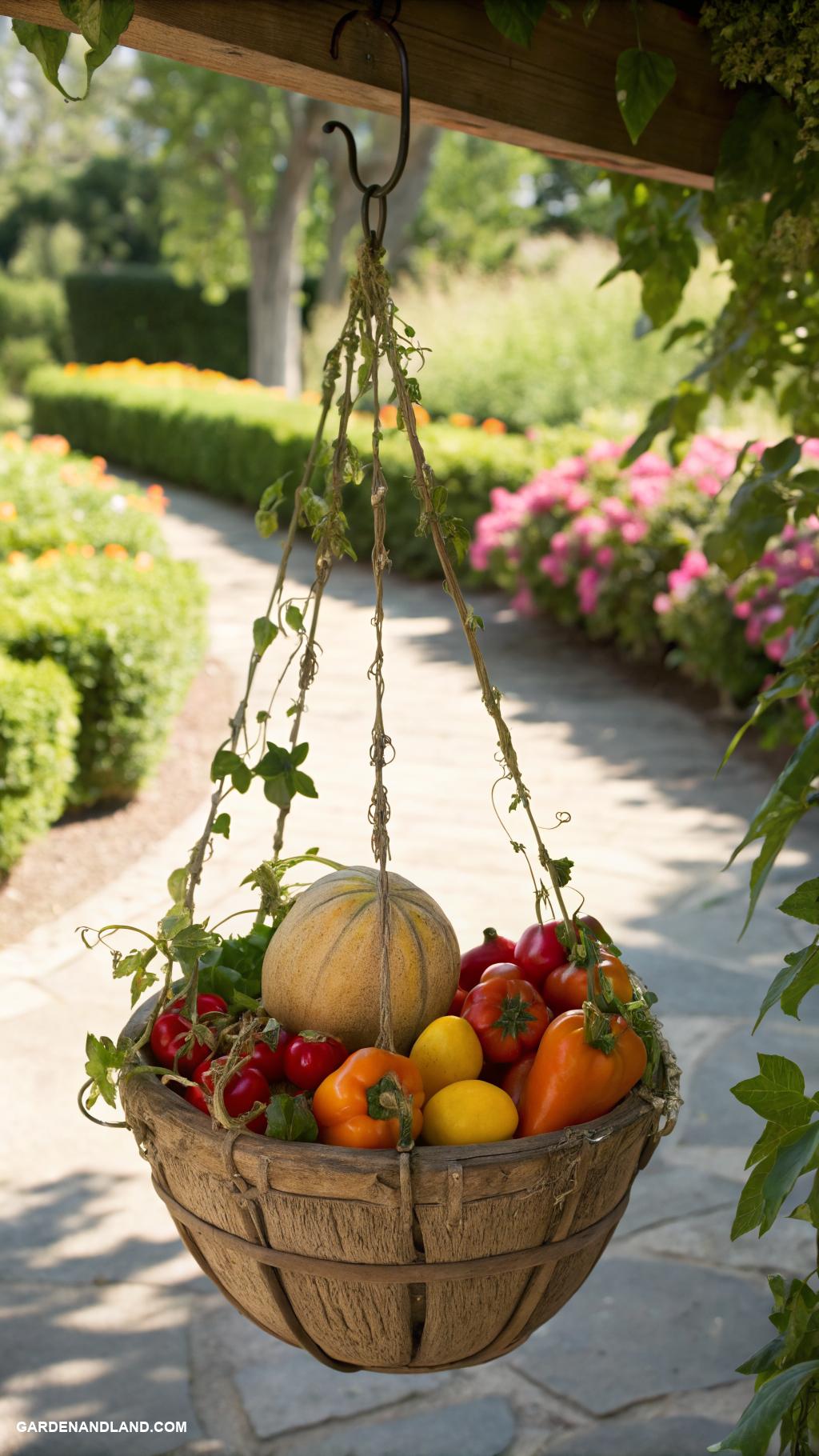 hanging basket ideas Fruit basket with small melons and peppers