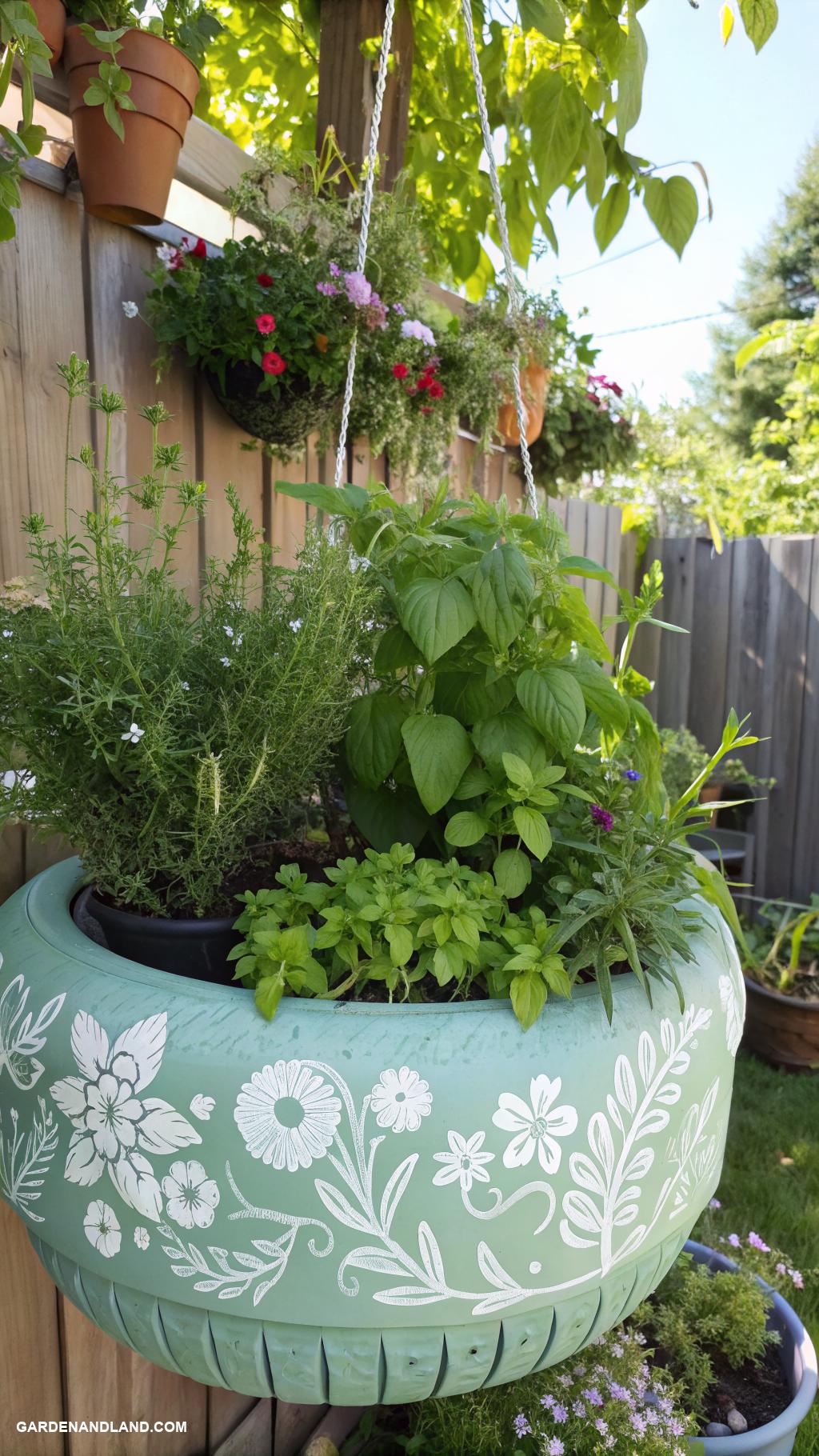 hanging basket ideas Herb garden in a recycled tire basket