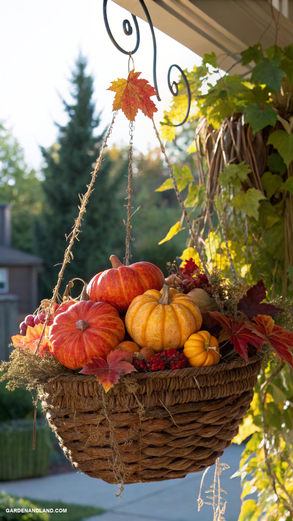 hanging basket ideas Seasonal decorations in a painted pumpkin basket