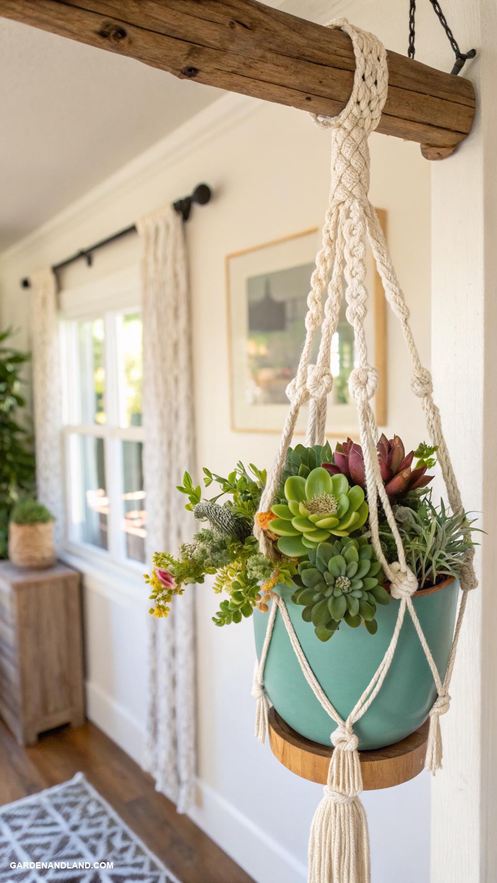 hanging basket ideas Succulent arrangement in a macramy hanger