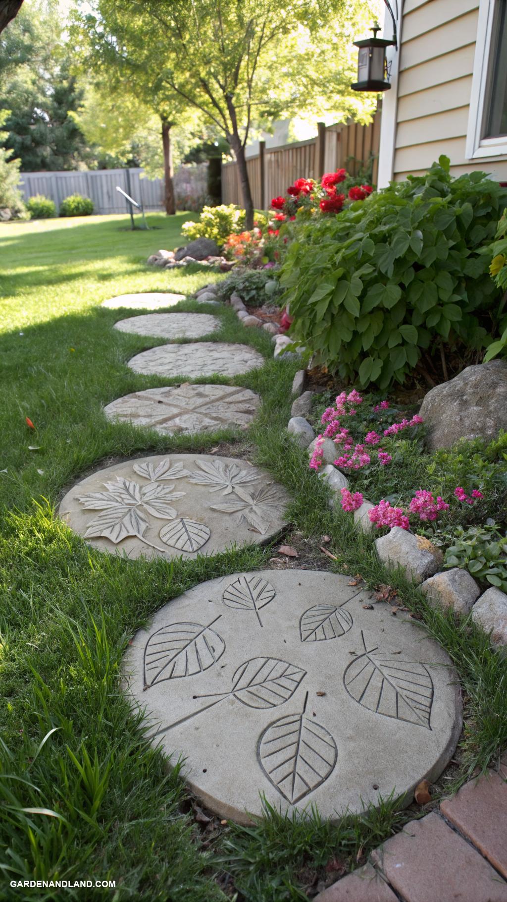 inexpensive backyard stone walkway ideas Concrete stepping stones with leaf impressions