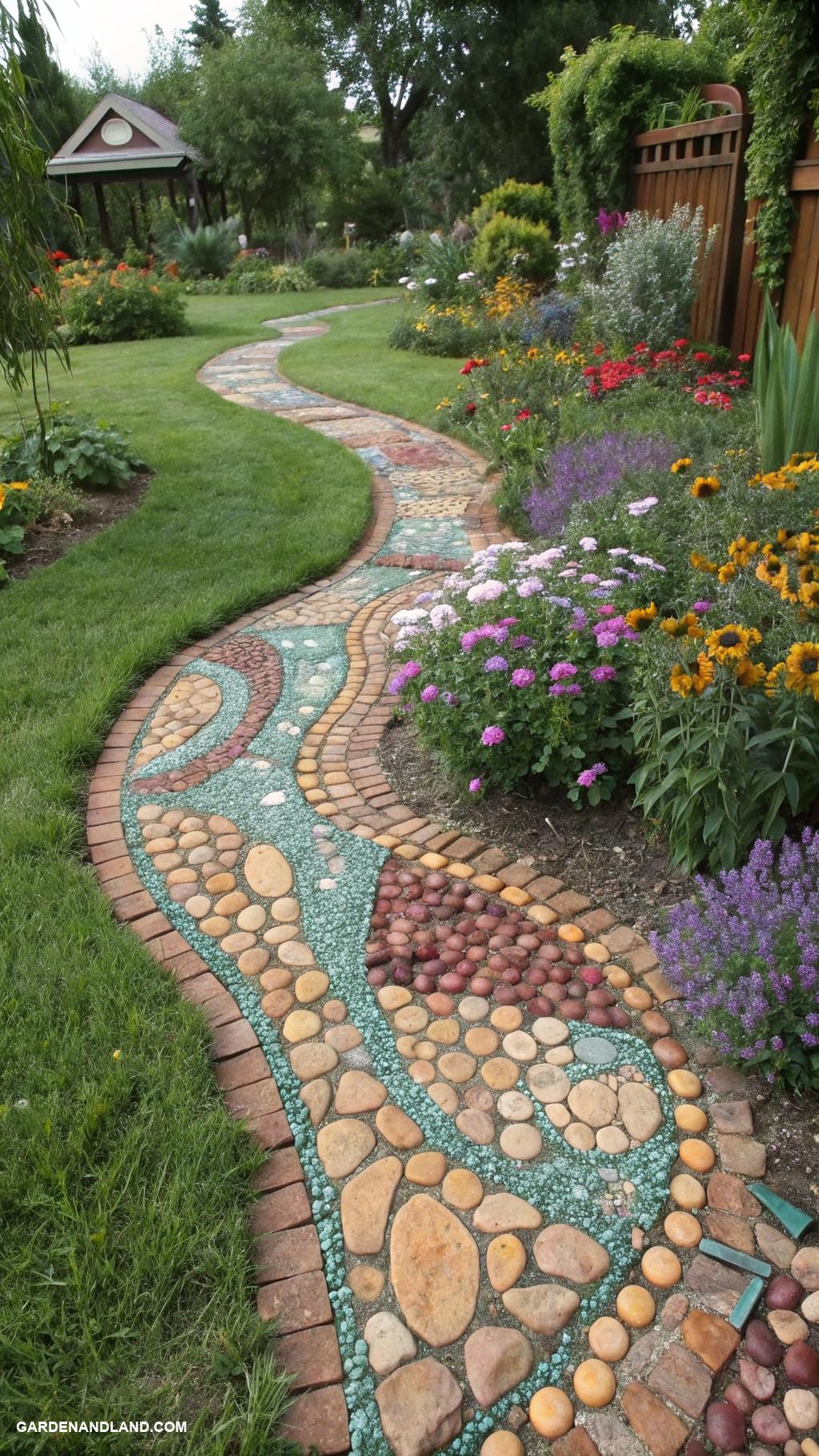 inexpensive backyard stone walkway ideas Pebble mosaic pathway with colored stones
