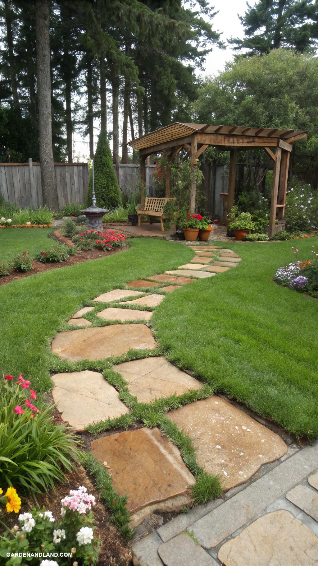 inexpensive backyard stone walkway ideas Sandstone slabs leading to garden features