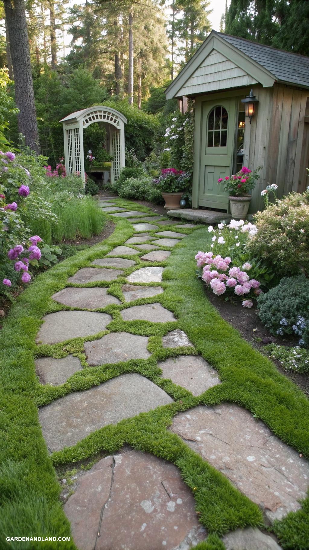 inexpensive backyard stone walkway ideas Stepping stones topped with moss or grass