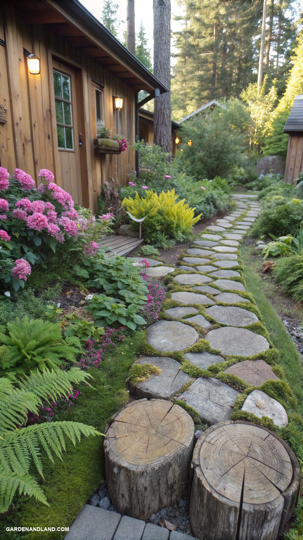 inexpensive backyard stone walkway ideas Wooden logs as rustic pathway borders