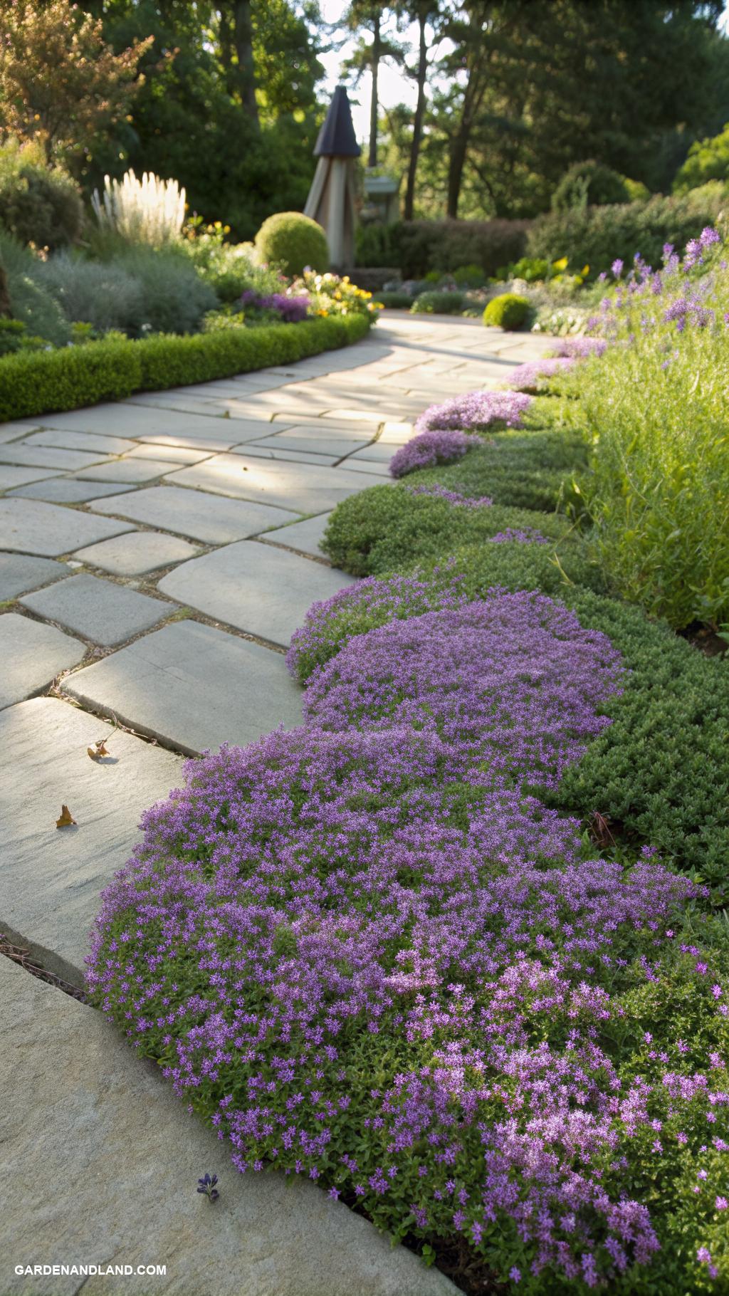 low growing ground cover Creeping Thyme for aromatic paths
