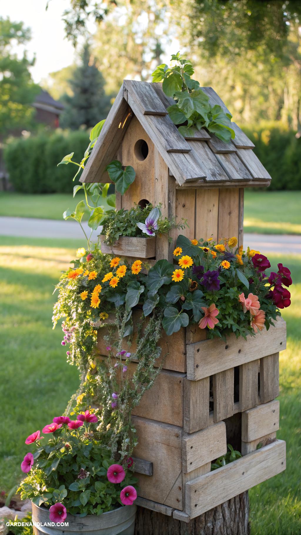 pallet planter Pallet birdhouse integrated with flower boxes