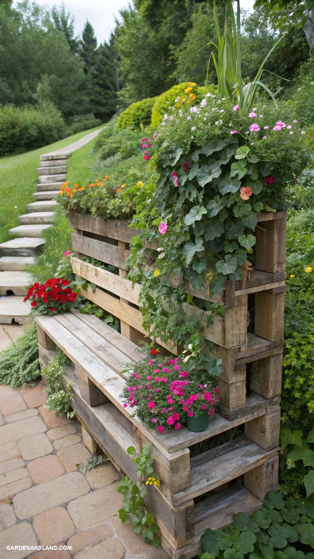 pallet planter Stacked pallet benches with built in greenery