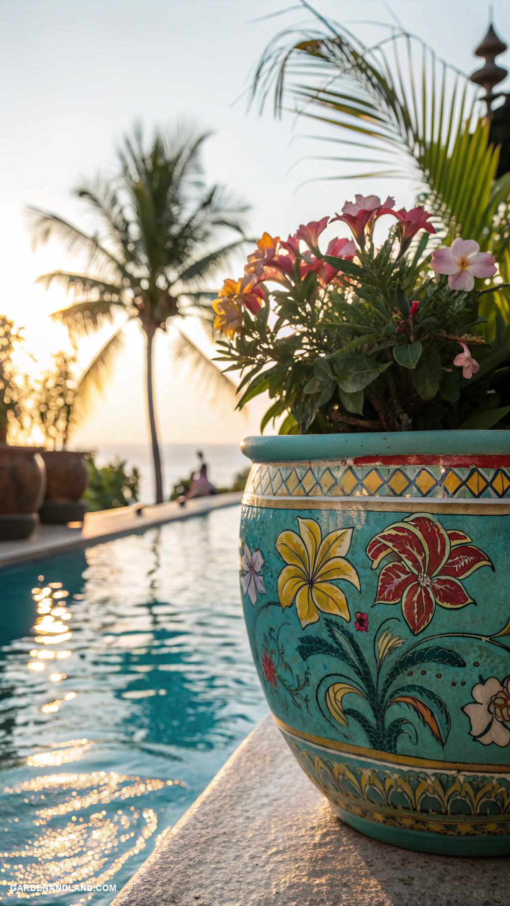 planters around the pool ideas Colorful ceramic pots on pool edge