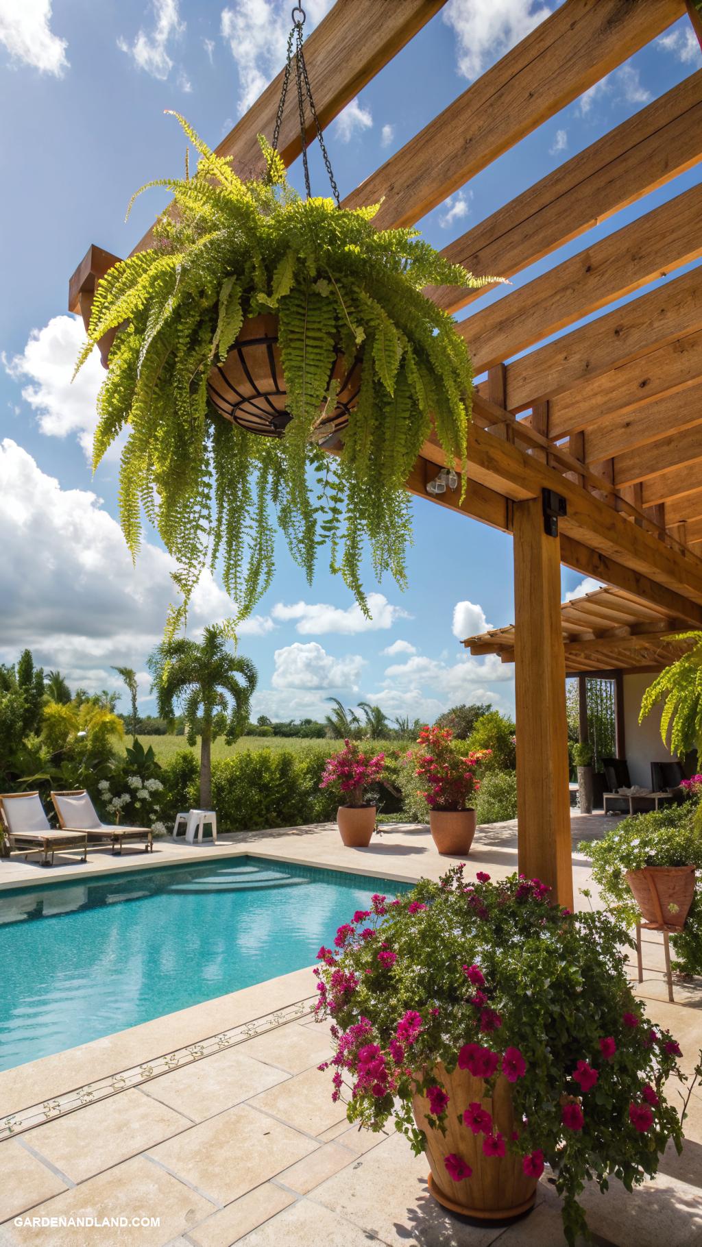 planters around the pool ideas Hanging planters from poolside pergolas