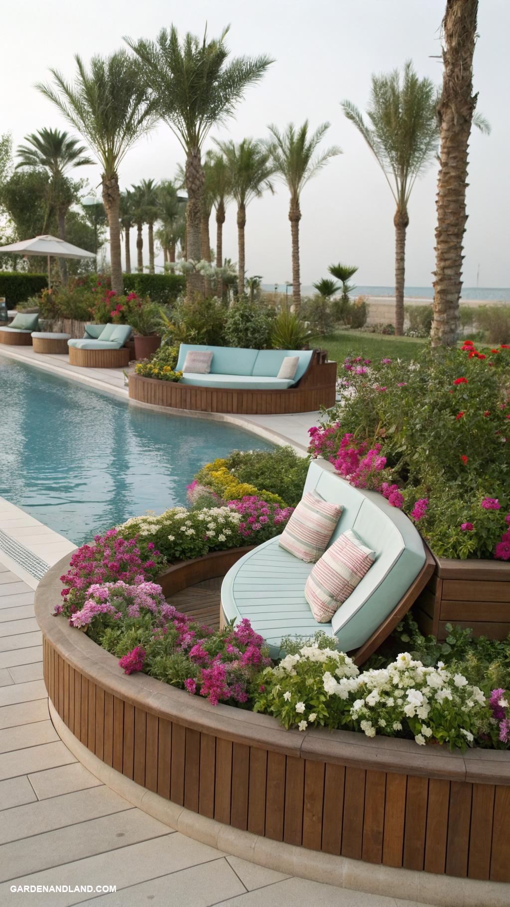 planters around the pool ideas Planters built into seating around pool