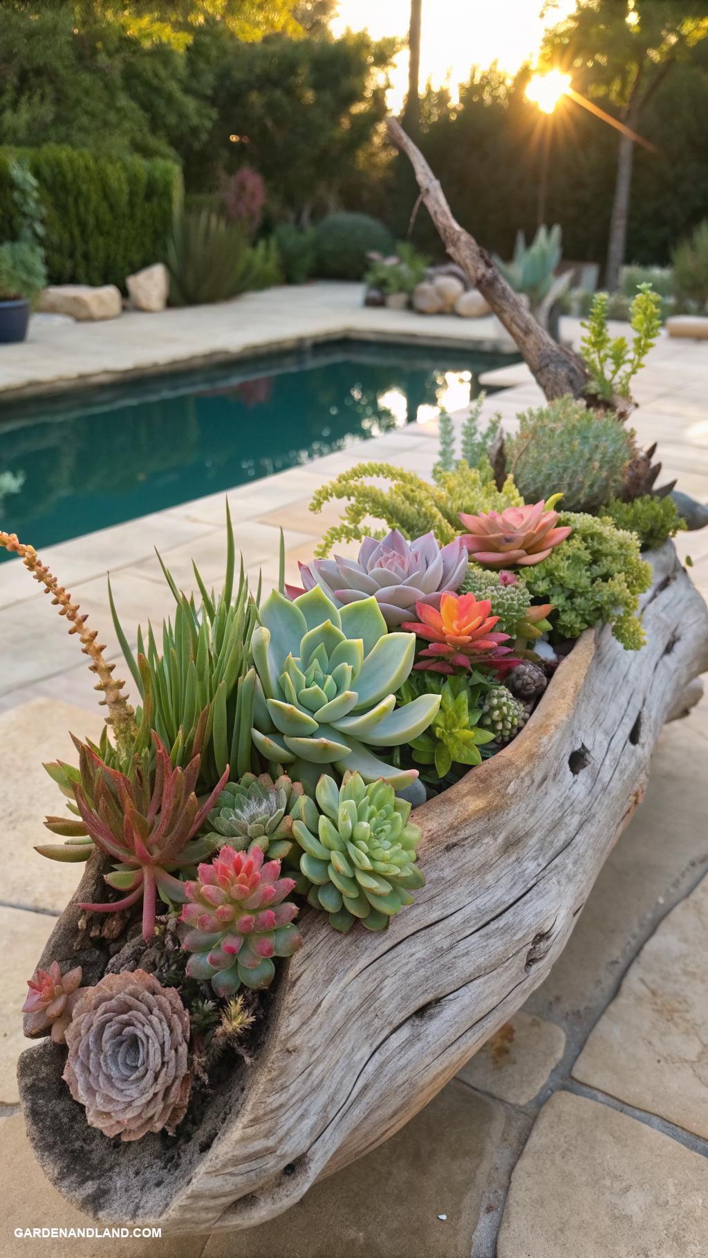 planters around the pool ideas Reclaimed driftwood with succulent arrangements