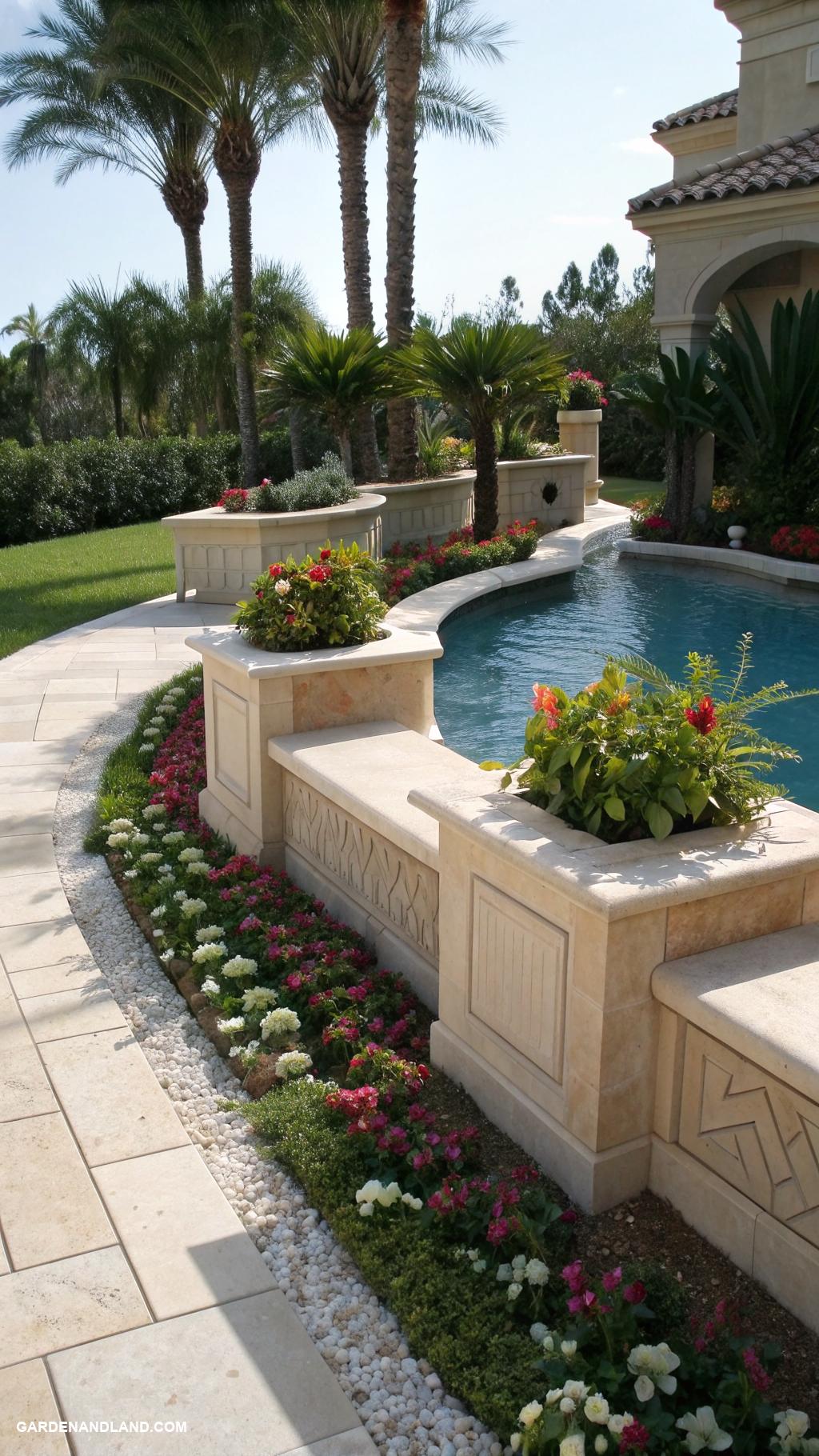 planters around the pool ideas Stone benches with integrated planter boxes