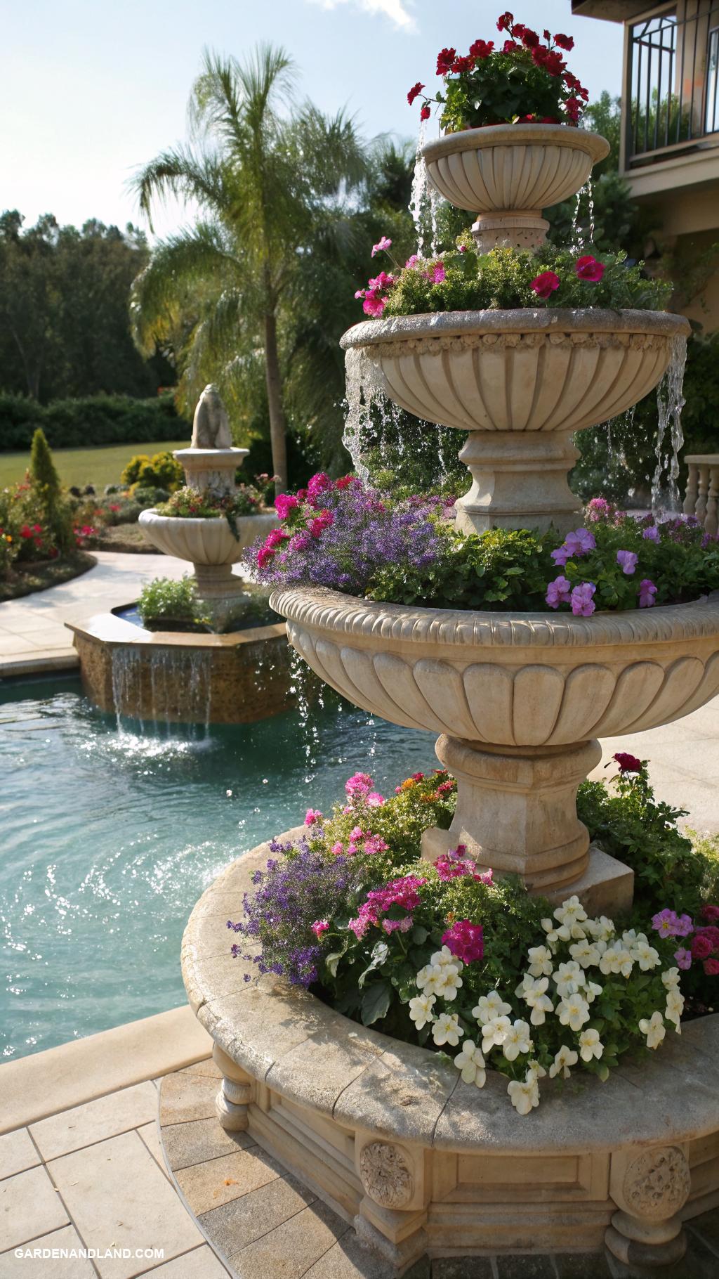 planters around the pool ideas Tiered planters cascading water features