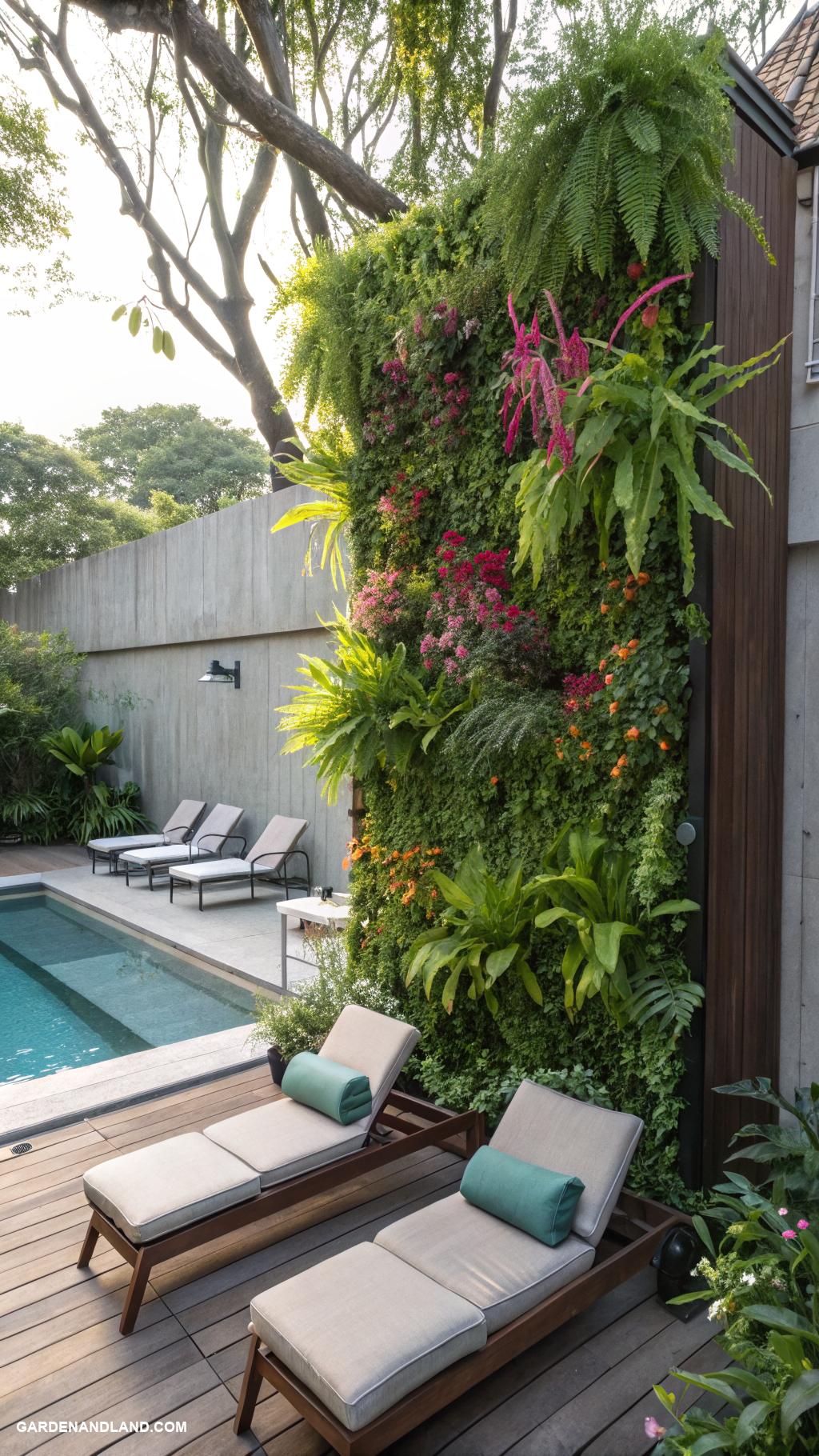 planters around the pool ideas Vertical wall planters behind pool loungers