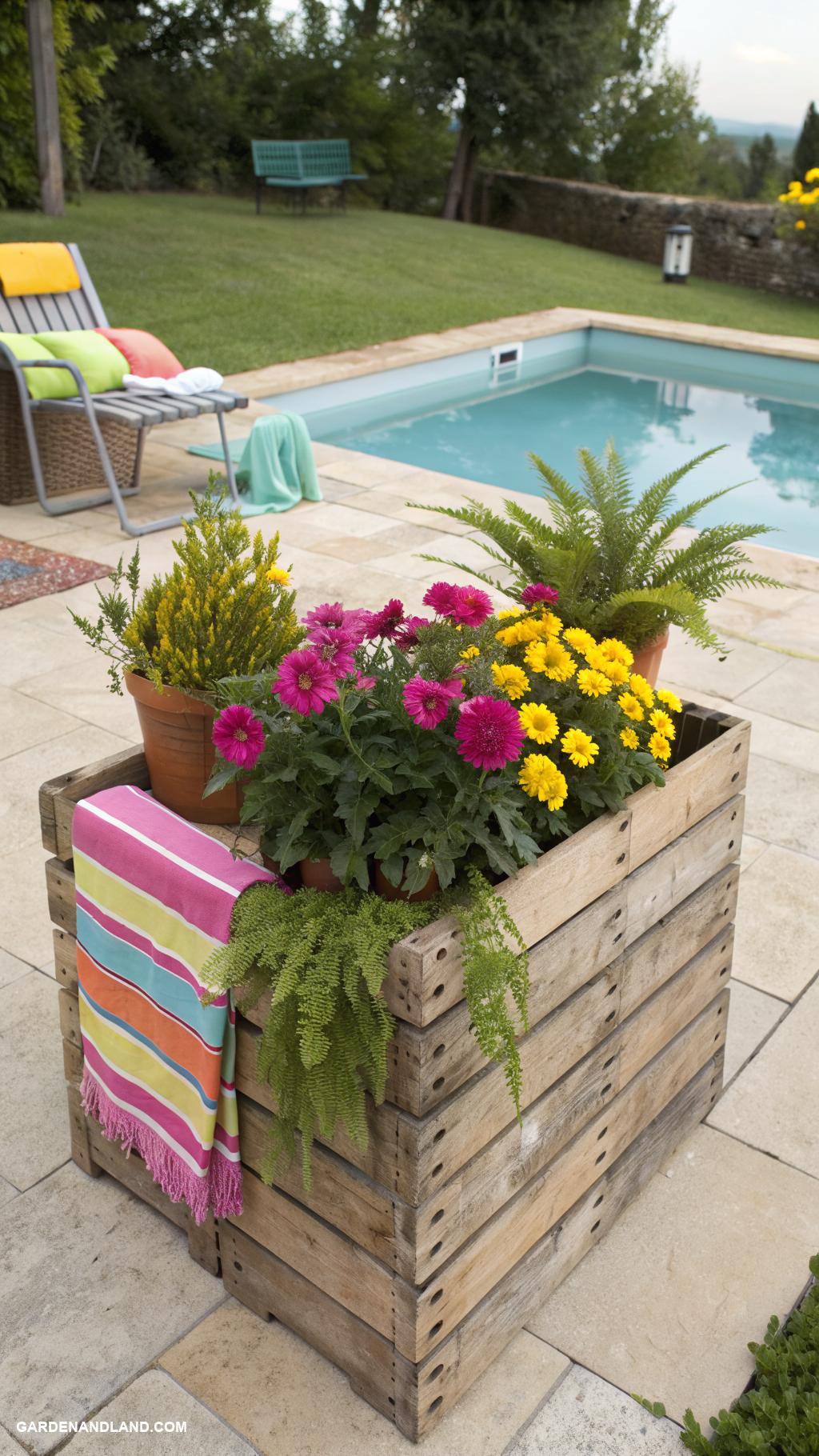 planters around the pool ideas Wooden crates as rustic planter displays