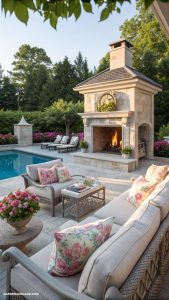 pool house ideas Chic lounge with outdoor fireplace and seating