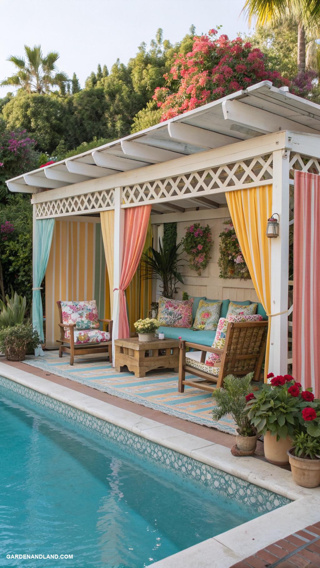pool house ideas Vintage retro style cabana with colorful decor