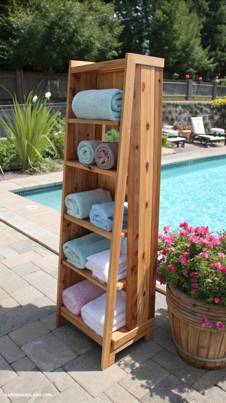pool towel rack ideas Cedar plank towel shelving unit