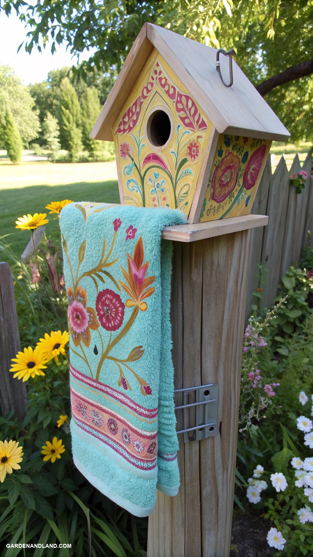 pool towel rack ideas Colorful painted birdhouse towel holder